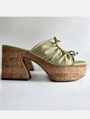 Sam Edelman Cork Platform Slip-On Sandals, Green Satin & Cork, EUC Size 9